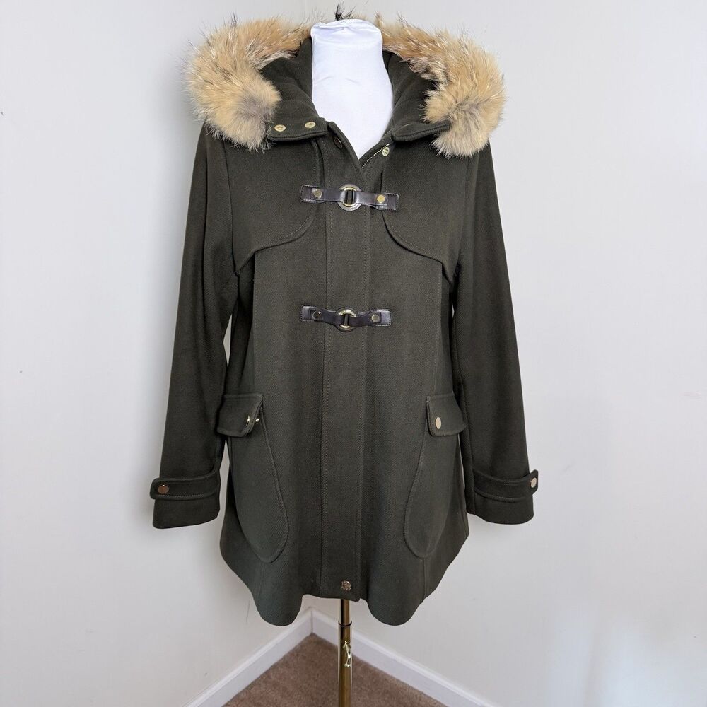 Trina Turk Elizabeth Lambswool Blend Coat Size 12 Olive Fur Trim Hood Toggle